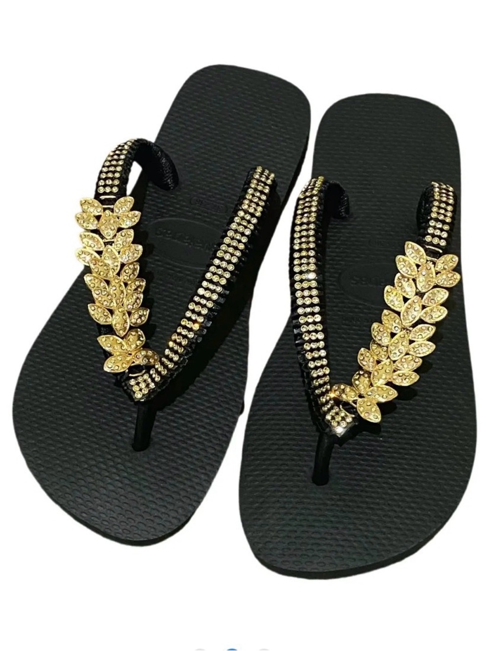 Havaianas Slim flip-flops customized gold foliage embellished rhinestone straps.